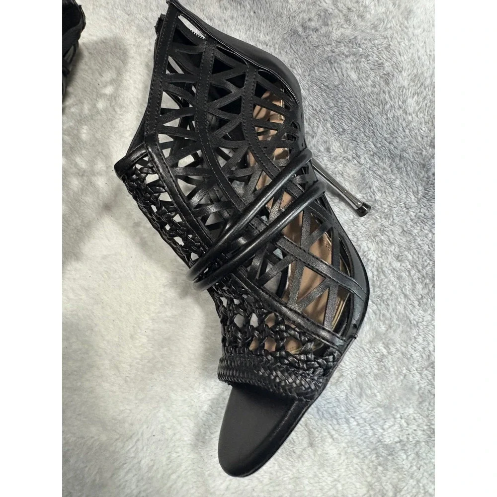 Zara Black Cage Cutout Woven Geometric Stiletto Heel Sandals 38 7.5 NEW - Picture 7 of 14